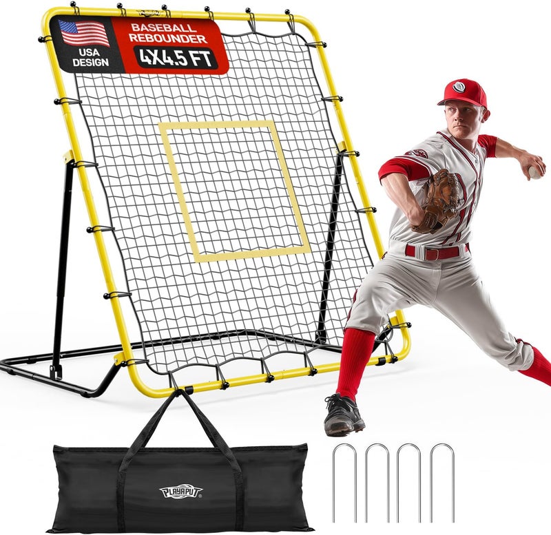 PLAYAPUT Baseball & Softball Rebounder Net with Carry Bag，7 Angles Adjustable Pitchback for Fly Balls, Grounders & Line Drives,Portable Fielding Trainer，4x4.5FT Bounce Back Net for All Players - Image 1